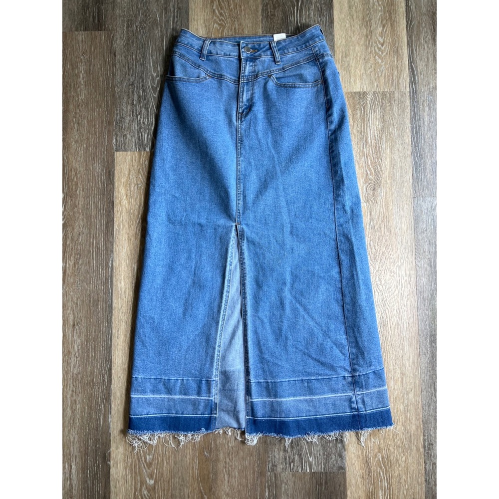Unbranded Denim Maxi Skirt Women Small‎ Blue Good Front Slit Raw Hem H9B532